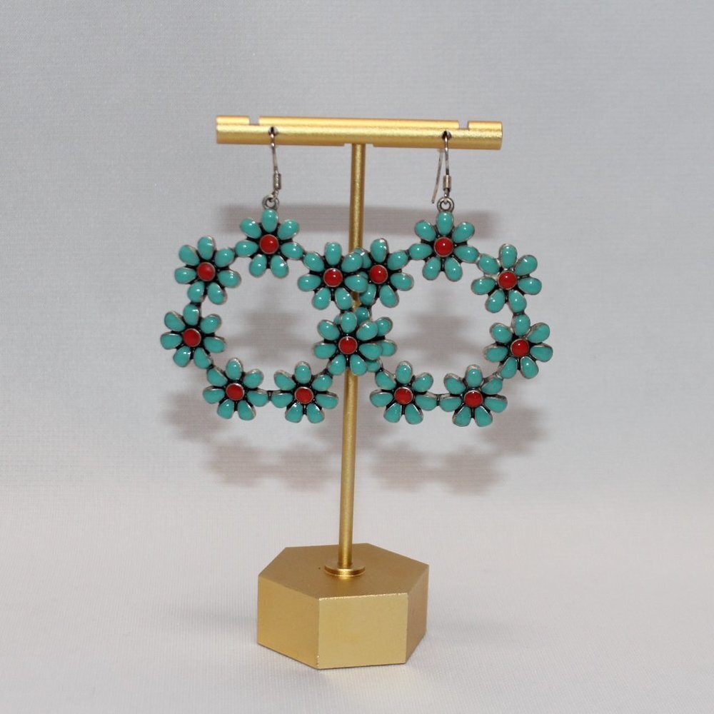 Floral Loop Dangle Turquoise and Red Earrings